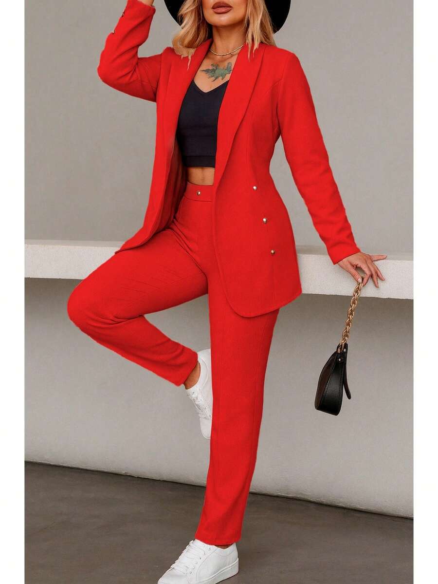 Elegante conjunto de traje liso de manga larga con cuello chal y doble botón para mujer, con bolsillos, para oficina y trabajo.
