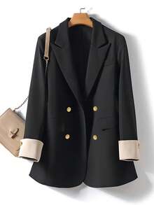 Women's Double-Breasted Design Contrast Color Cuff Button Closure Long Sleeve Blazer Jacket