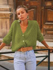 Solid Color Cardigan Long Sleeve Knit Sweater Jacket, Autumn/Winter