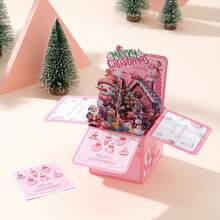 3D Pop Up Card 2Pcs/1Set(1Pc 3D Card+1Pc 2D Memo Card) With 3D Snowman Pink Christmas Trees Flower, Xmas Tree Pop Up Foldable 3D Gift Box With Envelope,Christmas Ornaments Christmas Gifts For Women Funny Gifts