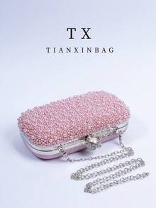 Pink Pearl Clutch Bag, Luxury Engagement Party Clutch Purse For Cheongsam Formal Dress, With Metal Chain Strap, Elegant Lady Party, Wedding, Prom, Banquet Bag, Perfect Match For Women Graduation Prom Dress, Prom Accessories, Sequin Dress, Glitter Dress, Women Formal Gown - Pink - View 4