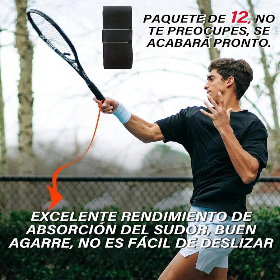 VXMBNB, Overgrip Tenis, Overgrip Padel de 12 Piezas, Absorbente del Sudor y Antideslizante, Apto para Tenis, Cricket y Otras Raquetas. - Negro - Ver 1
