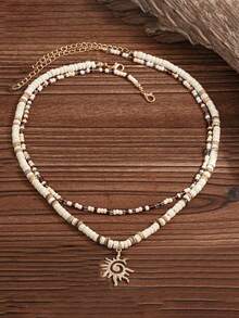 2pcs/Set Men's Summer Coconut Wooden Bead Niche Versatile Hip-Hop Personalized Double Pendant Necklace