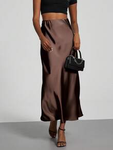 Se-Helo Fashion Women's Elastic Satin Finish Maxi Skirt - Dark Coffee