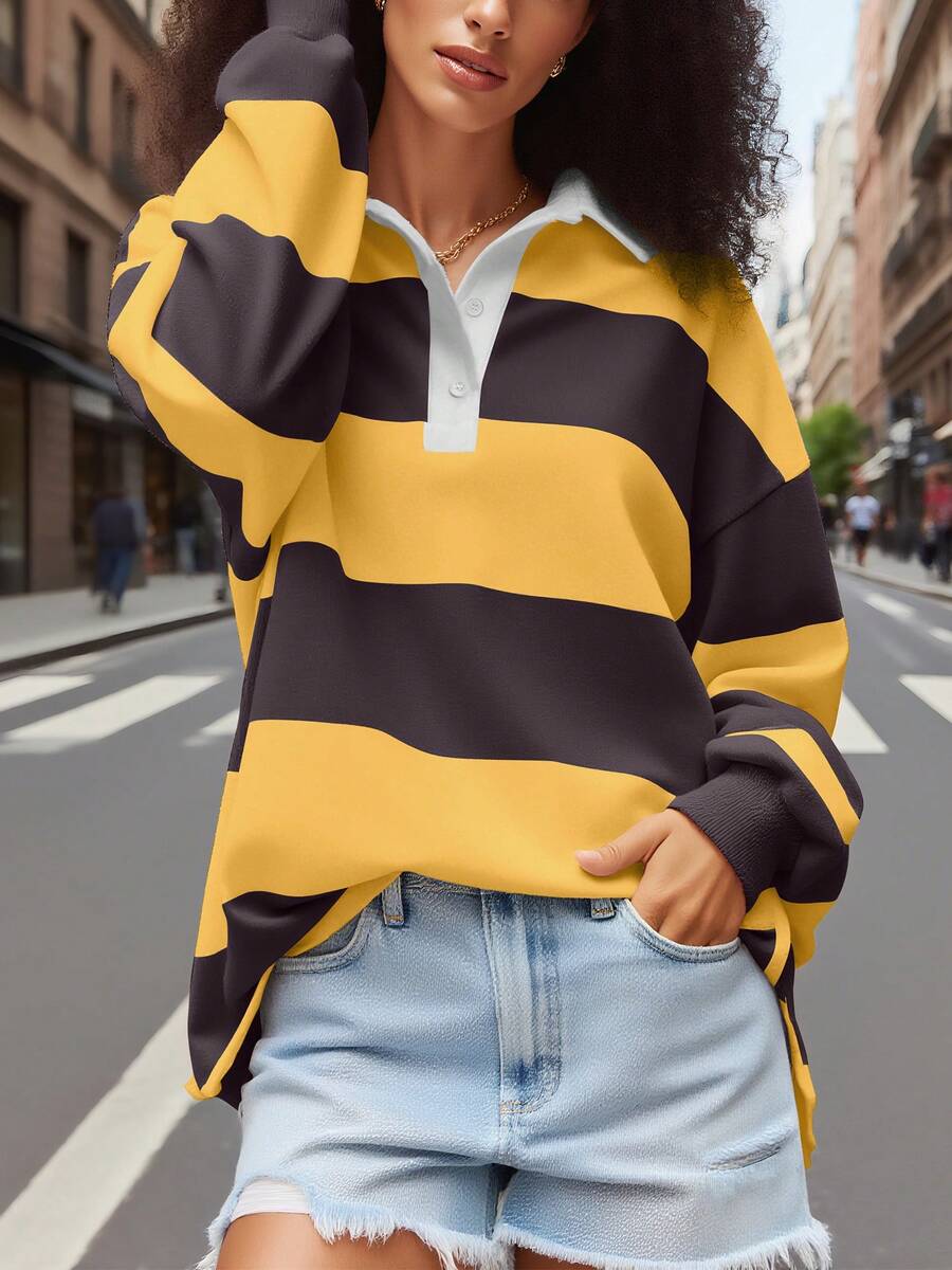 Y2k Women Striped Rugby Polo Shirt Long Sleeve Collared Oversized Vneck Sweatshirt Vintage Jersey Girls Streetwear - 黃色 - 查看 1