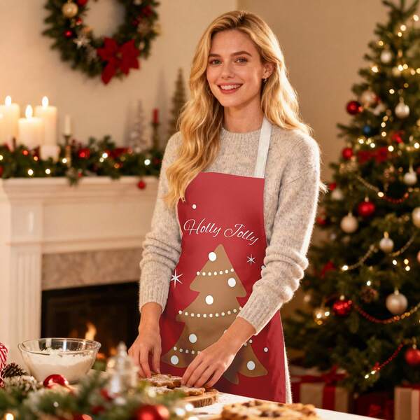 1PC Christmas Apron Xmas Tree Red Plaid Decorative Cooking Aprons For Women Men Adults Home Kitchen Grill Baking Holiday Decorations Gift
