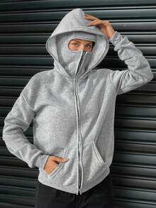 Social Anxiety Essential,Face-Covering,Women's Oversized Fit&Regular Length Double-Hooded Hooded Sweatshirt&Sweatshirts,Zip-Up With Pocket,Fall Women Clothes,Winter Clothes For Women,Autumn Clothes,Winter,Winter Clothes,Fall Clothes - Light Grey - View 3
