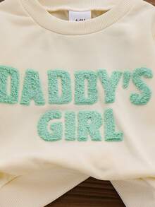 2 件女婴休闲简约“DADDY'S GIRL”字母刺绣运动衫和紧身裤套装，春秋 - 綠色 - 查看 5