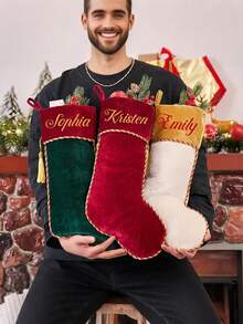Personalized Christmas Large Capacity Gift Socks, Heat Transfer Printed Letter, Patchwork Dual-Color Name Tassel Socks, Velvet Letter Christmas Tree Hanging Decor, Home Decor, Christmas Stocking Ornament, Christmas Decoration Gift Socks - Multicolor - View 7