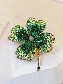 "Exquisite Four-Leaf Clover Brooch For Women, High-End Sparkling Green Suit Pin, Elegant Lucky Clover Pin Accessory For Formal & Casual Outfits" - màu xanh lá - Xem 3