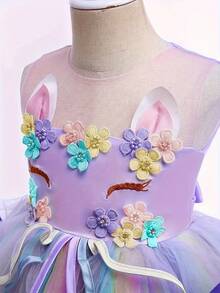 Girls Unicorn Princess Dress, Cute Floral Unicorn Print Mesh Tutu Princess Dress With Chiffon, Suitable For All Seasons - Nhiều màu - Xem 3