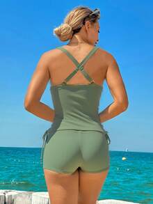 Swim Lushoire Set de 2 piezas de tankini con espalda cruzada y fruncida con cordón, color verde oliva, para vacaciones de verano en la playa - Verde militar - Ver 2