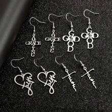 4 Pairs/Set Stainless Steel Faith-Based Love And Faith Words Faith Letters Amazing Grace Prayer Earrings Set Fashion Jewelry - 銀色 - 查看 9