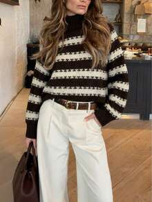 Gestreifter Strickpullover mit KontrastFarbblock, eleganter lässiger Streetstyle Rollkragenpullover für Damen mit Langarm, modischer Damen-Strickjacke mit Langarm, Herbst/Winter Material, Weiß/Rundhals Pullover/Langarm/Schulanfang/Einfarbig/Halloween/Schuloutfit//Basic/Süß/, Damen Schulanfang Mode, geeignet für Herbst/Winter Pendeln, Boho Damen Alltag Lässig, Strickpullover für den Herbst