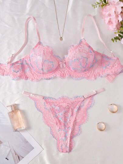 Style Dream 女士性感两件套内衣套装，粉色蕾丝文胸和内裤套装，情人节浪漫贴身内衣
