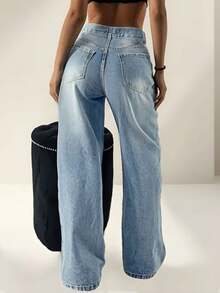 高个女款春夏复古水洗直筒牛仔裤，优雅休闲 - 藍色 - 查看 6