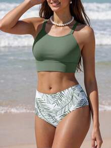 Swim Vcay Women's Tropical Plant Printed Halter Tankini Swimsuit Set For Summer Beach