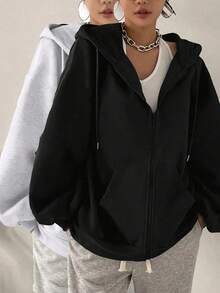 Women's Loose Fit Hooded Long Sleeve Jacket, With Zipper And Drawstring Details, Casual Style Sweatshirt Sweatshirt, Suitable For Spring And Autumn Casual Occasions