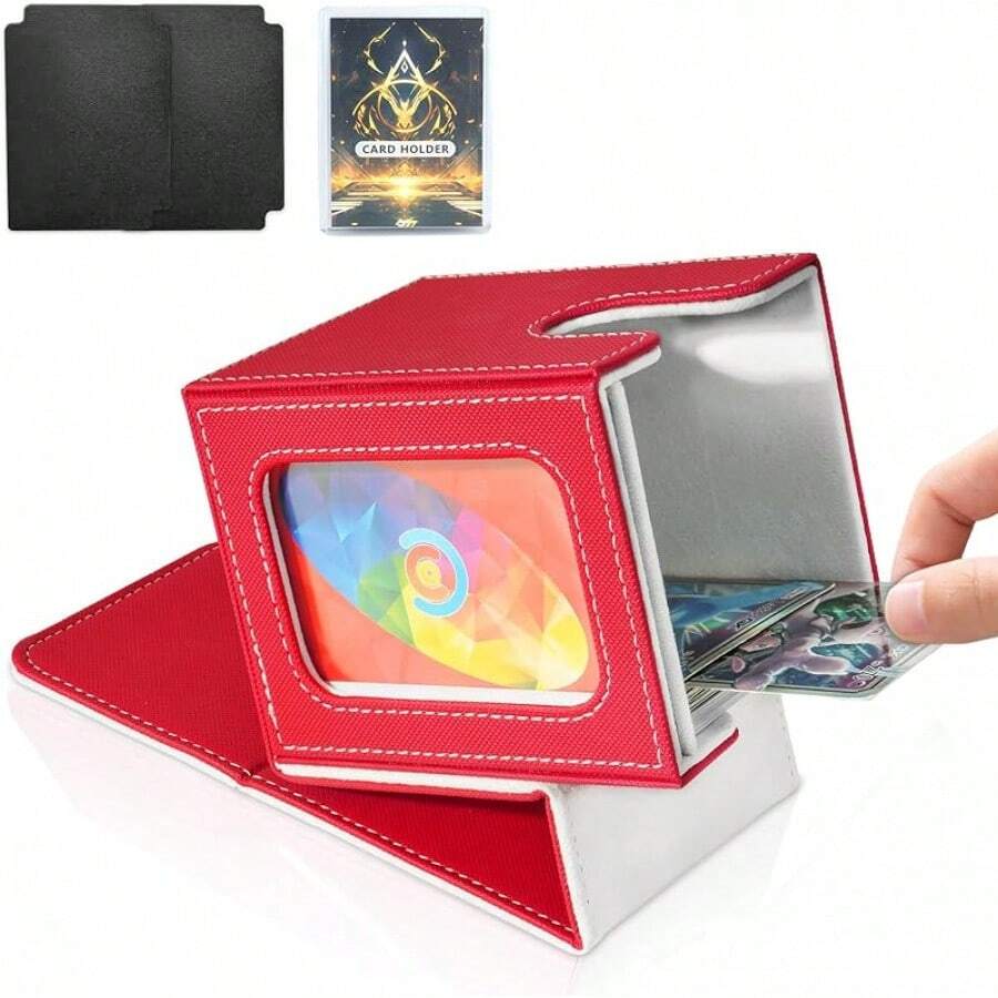 Magnetic Card Deck Box For TCG Storage, Holds 100 Double-Sleeved Cards - Red & White - View 1