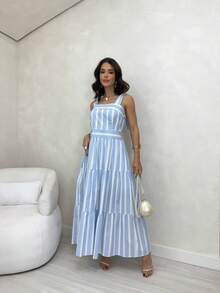 15 Striped All-Over Print Ruched Fabric Ruffle Hem Wedding Dresses - Baby Blue - View 3