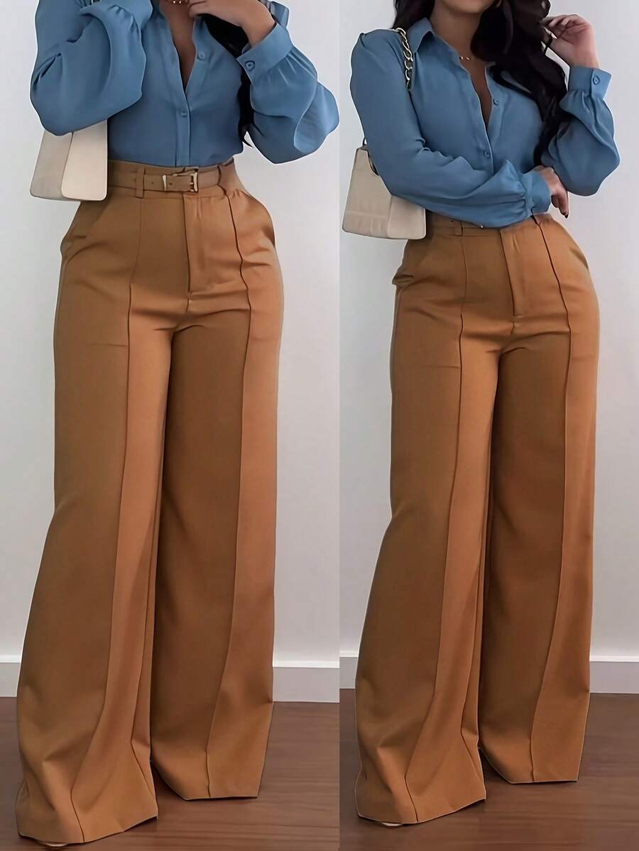 1 chiếc quần dài nữ bằng polyester màu trơn, có cúc cài và túi, khóa kéo, thích hợp cho kỳ nghỉ, công sở, nhà, mặc hàng ngày, du lịch, mọi mùa xuân. - màu nâu - Xem 1