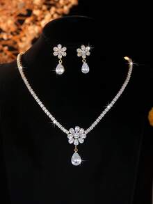 3pcs Zirconia Flower Design Elegant Necklace, Earrings Jewelry Set, Suitable For Daily, Bridal, Wedding, Party
