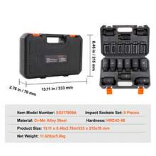 1/2" Drive Impact Socket Set, 9 Piece, Metric 29-38mm, 6 Point, Cr-Mo Alloy Steel For Auto Repair, Easy-To-Read Size Markings, Heavy Duty Construction, Includes Case. - 9 piezas - 查看 7