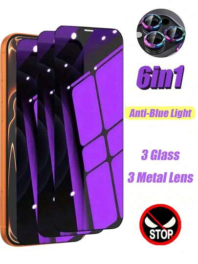 六合一套装：3 件钢化玻璃防窥屏幕保护膜 + 1 套彩色螺纹相机镜头，防尘、防刮、防偷窥，兼容 iPhone11-16/17/17 Air/17 Pro/17 Pro Max 系列