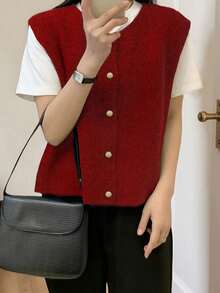 Alicedudu 女式休闲复古简约圆领纯色毛衣背心，秋冬 - 紅色 - 查看 3