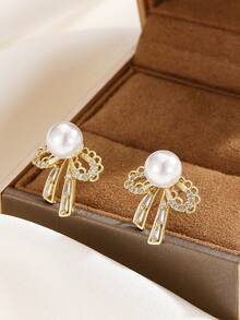 1 pieza Conjunto de collar con colgante de mariposa y aretes de acero inoxidable con circonita cúbica y perla falsa, diseño de lujo versátil micro-incrustado personalizado para fiesta, joyería de regalo