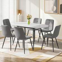 White Marble Table + 6 Gray Linen Chairs