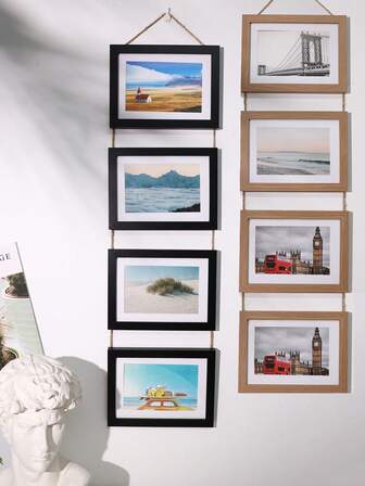1 pieza Marco de fotos de madera clásico con cuerda de cáñamo, marco de imagen vertical oblongo de tres en uno o cuatro en uno para fotos de 4x6 pulgadas/5x7 pulgadas, ideal para decoración del hogar y regalos festivos, sin papel fotográfico incluido