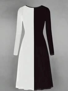 女士印花长袖休闲撞色连衣裙 - 神秘骷髅图案连衣裙，黑白配色，适合主题派对、嘉年华、独特设计、暗黑主题活动 - 黑與白 - 查看 2