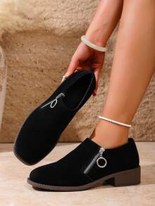 Scarpe da donna con punta affusolata, slip-on con suola spessa, punta tonda con cerniera laterale, leggere e alla moda, in colore unito, casual e adatte per abiti, con tomaia in finta pelle scamosciata morbida e confortevole, adatte per tutte le stagioni e occasioni