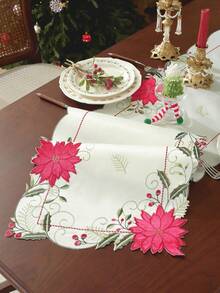 1pc Colorful Embroidered, Applique, Hollow Craft Christmas Table Runner, European Style Christmas Flower & Leaf Elements, 100% Polyester Fabric, Suitable For Christmas Decoration, Party, Holiday Atmosphere, Home Decor, Kitchen, Coffee Table, Cabinet, Round/Rectangular Placemats, Indoor/Outdoor, Party/Wedding Decorations, Multiple Sizes Available - Multicolor - View 19