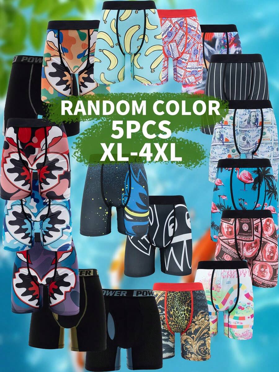Random 5PCS Men's Printed Long Boxer Fashion Briefs 1XL-4XL