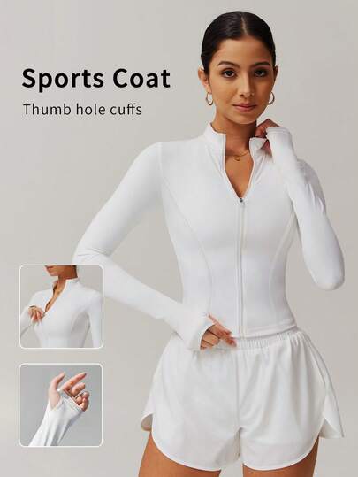 6pecil 1 pieza Chaqueta de yoga para mujer de moda, sexy y delgada de color sólido, para uso diario, gimnasio, deportes, running, fitness, de secado rápido, de bajo impacto, con cuello alto, con orificio para el pulgar, para vacaciones, con cremallera, de manga larga, cómoda y suave, para deportes al aire libre