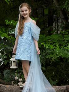 Tween Girl Off-Shoulder Trailing Mesh Sequin Party Dress, Princess Dress Suitable For Birthday Gift, Banquet, Wedding, Bridesmaid, Prom, Party, Holiday Celebration - Baby Blue - View 6