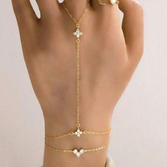 New Rhinestone Flower Petal Linked Finger Hand Chain, Versatile Minimalist Fashionable Sparkling Bracelet Accessory For Women