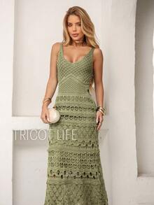 Women's Midi Dress, Lace Tricot, Party, Beach, Sophisticated, New Year's Eve, Christmas, Holidays, Beach, Wedding, Godmother - 橄欖綠 - 查看 5