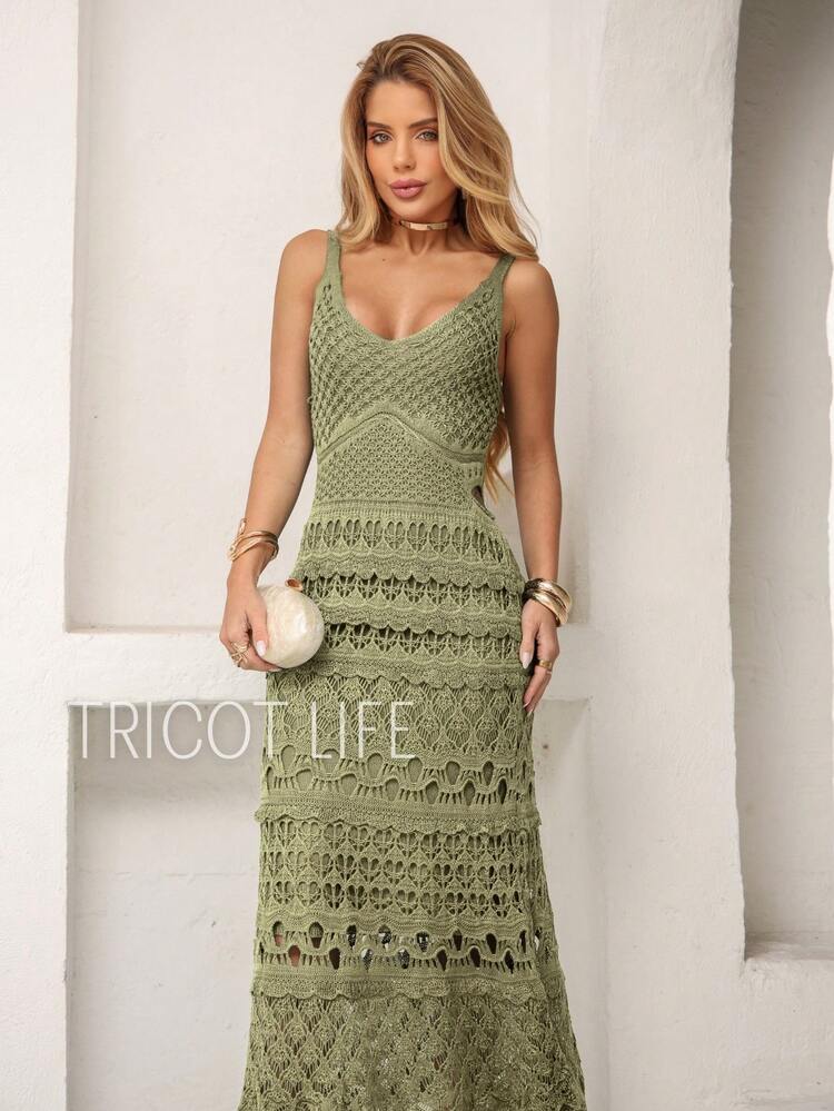 Vestido Midi Feminino Tricot Rendado Festa Praia Sofisticado Reveillon Natal Ferias Praia Casamento Madrinha - Verde Oliva - Visão 5