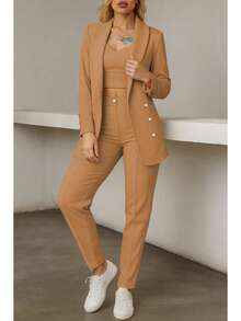 Conjunto elegante de blazer y pantalón de manga larga con cuello chal y doble botonadura para mujer, tejido elástico medio. - Caqui - Ver 2