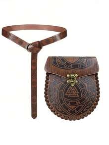 2pcs/Set Vintage Street Style Viking Belt Bag, Faux Leather Nordic Embossed Waist Pouch, Suitable For Men Party & Halloween Wear Old Money Vintage Autumn/Fall Urban Outfit Classic Christmas Winter Fashion Daily Men Boyfriend Gift