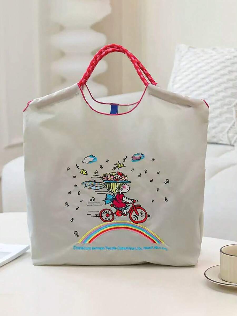 1 件新款休闲刺绣彩虹女孩图案轻质尼龙大容量购物手提包，适合通勤、派对、单肩和斜挎 - 彩色 - 查看 1