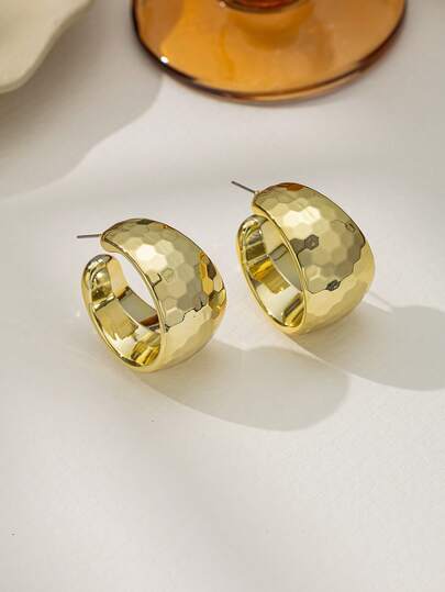 Exaggerated Wide Face C-Shaped Hoop Earrings, CCB Gold Plated Jewelry, Vintage Elegant Style Suitable For Women's Daily Wear