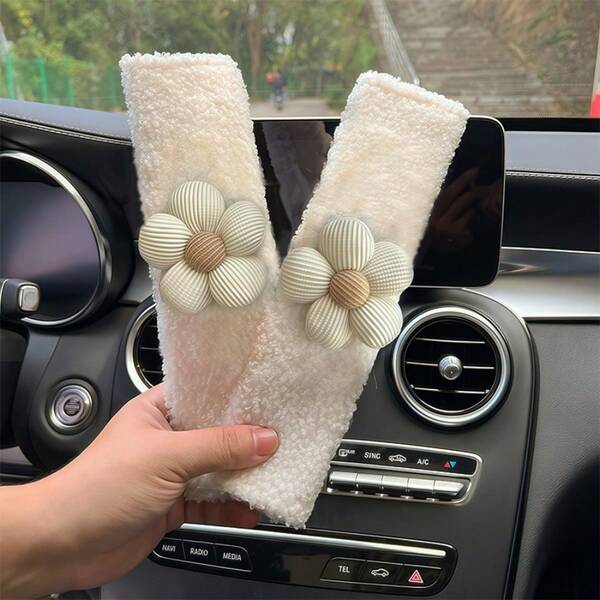 2 piezas Almohadillas para el hombro del coche con decoración floral de color blanco lechoso, Lindas fundas 3D para el cinturón de con flores, Almohadillas para el hombro de piel sintética transpirable, Agrega un toque elegante al cinturón de del vehículo