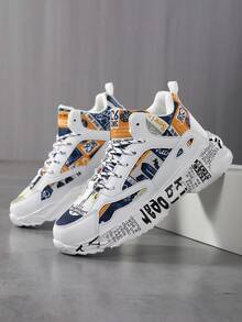 女士新款全身图案撞色随机印花前系带休闲跑步鞋，舒适日常百搭校园街头增高运动鞋 - 白黃 - 查看 10