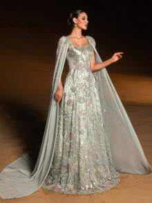 GIFORU Luxury Mint Floral Applique Gown , Square Neck Cascading Sleeves With 3D Blossoms & Cathedral Train For Garden Soirees, Opera Nights And Red Carpet Galas Wedding Prom Dress Wedding Dresses For Bride Formal Dresses For Women - 草綠色 - 查看 7