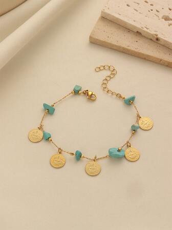1pc Vintage Elegant Copper Alloy Gold Plated Blue Stone & Coin Tassel Bracelet, Suitable For Women's Daily Wear And Holiday Gifts