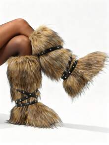 2025 Winter Knee High Boots Pull-On Faux Fur Boots Furry Fluffy Round Toe Strap Boots For Women Suede Comfy Plush Warm Outdoor Indoor Flat Shoes Punk Party Dressy Women EdgyElongate Winter Autumn Fall Christmas Boots - 棕色 - 查看 5